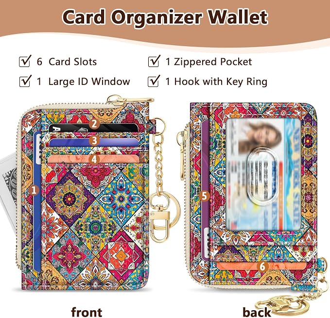 GIANCOMICS Slim Wallet Credit Card Holder Women, Boho Bohemian Mandala Rfid Blocking Small Card Case, Keychain Thin Pocket Curved Zipper Wallet, Travel Card Holder PU Leather, Ladies Female Gifts