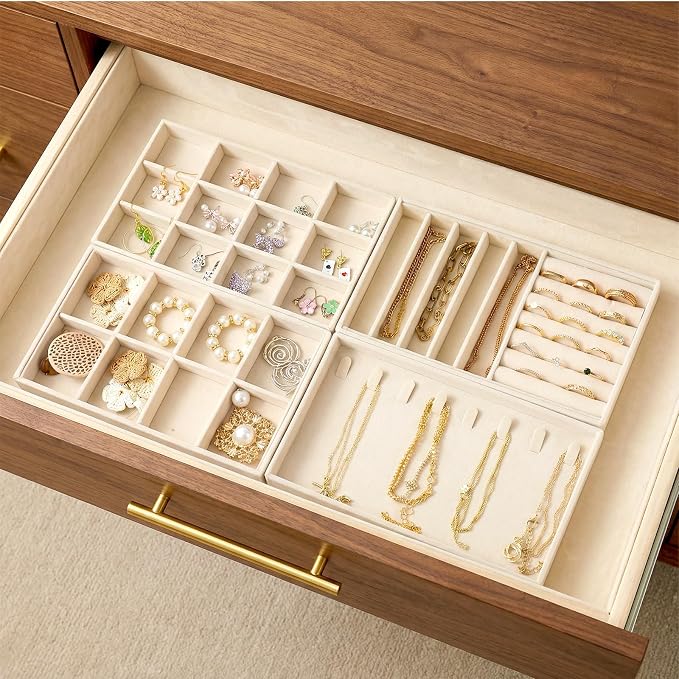 4Pcs Jewelry Organizer Trays, Stackable Velvet Jewelry Trays, Drawer Insert Divider Jewel Display Storage with Removable Dividers, Divided Storage for Earring Necklace Rings Bracelet