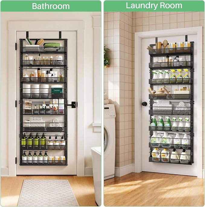 Over the Door Pantry Organizer - 8 Tiers Height Adjustable Pantry Organizers and Storage with Dense Mesh Baskets, Metal Door Hanging Spice Rack for Kitchen Bathroom (Black, 17.2" W x 6.2" D x 69.2" H)