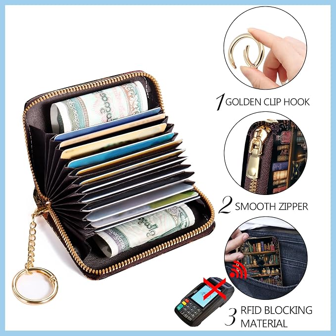 Blusabaca Women Credit Card Holder, Small RFID Wallet with Wristlet Strap | Removable Keychain, Case with Zipper, Vegan PU Leather, Cash Coin Pocket, Business Accordion Purse, Ladies Female Gift