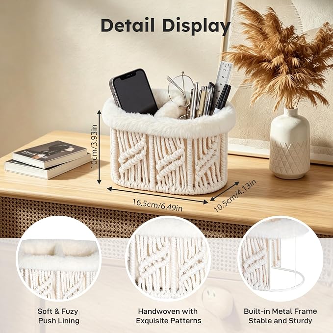 Remote Control Holder, Woven Plush Lined TV Remoter Holder Caddy | Nightstand Desk Dresser Table Storage Organizer for TV Remotes, Media Controllers, Glasses, Office Supplies (Beige, 2 Slots)