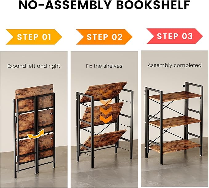 Homeiju Folding Bookshelf No Assembly, 3 Tier Bookcase Foldable Shelf with X-Bracket Design, Adjustable Feet, Space Saving Storage for Living Room, Office (Rustic Brown)