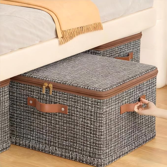 4 Pack 26.4 Quart Fabric Storage Bins with Lid, 15.7x11.8x8.3 in Stackable Closet Organizer Baskets, Foldable Polyester Cube Storage with Handles, Decorative Organizer Boxes for Shelves, Grey
