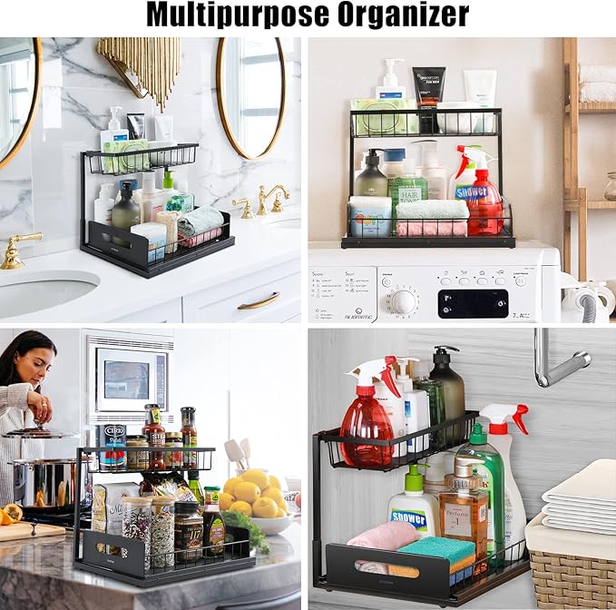 Under Sink Organizer - 2 Tier Under Kitchen Sink Organizers and Storage Bathroom Under Cabinet Organizer Pull Out Cabinet Organizer, Multi-Use Slide Out Sink Shelf for Kitchen Bathroom
