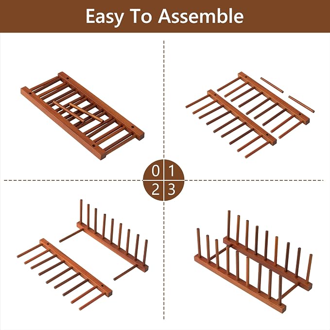 HBlife 4 Packs Teak Wooden Dish Drying Rack Kitchen Storage Plate Organizer | 8 Slots, Vertical Dish Racks for Cabinet Countertop & Wall, Plate Pot Lid Cutting Board Holder, Bowl Cup Drainer, Keep Dry