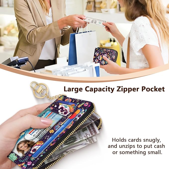GIANCOMICS Slim Wallet Credit Card Holder Women, Sugar Skull Rfid Blocking Small Card Case, Keychain Thin Pocket Curved Zipper Wallet, Travel Card Holder PU Leather ID Window, Ladies Female Gifts