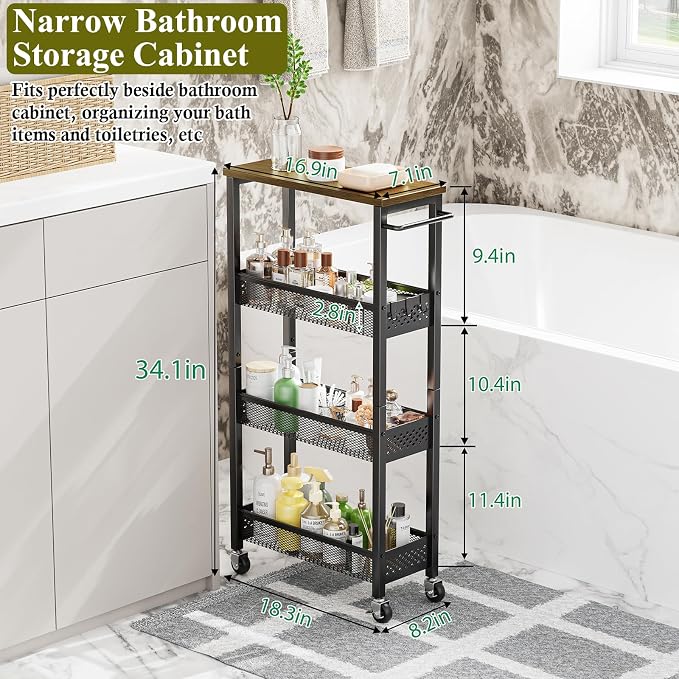 OKZEST Utility Slim Storage Cart, 4 Tier Small Rolling Kitchen Laundry Room Cart with Wood Top, Metal Narrow Bathroom Storage Cabinet Mobile Shelf Unit Organizer Trolley with Handle for Narrow Space