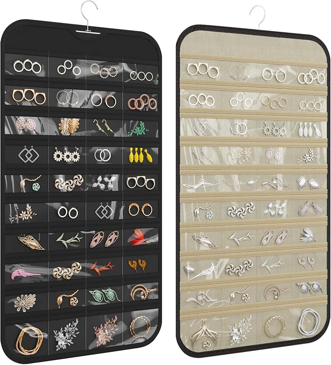Hanging Jewelry Organizer, 80-Pocket Double-Sided Storage, 1-Pack, Black and Beige