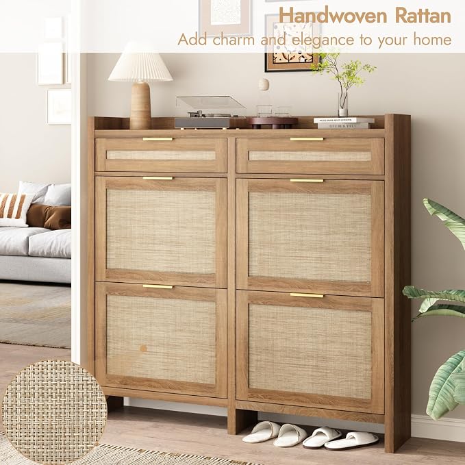 HOKYHOKY Large Rattan Shoe Storage Cabinet with 4 Flip Drawers & 2 Storages–Hidden Slim Shoe Organizer for Entryway, Large Tabletop Space, Farmhouse Boho Narrow Shoe Rack, Rustic Oak