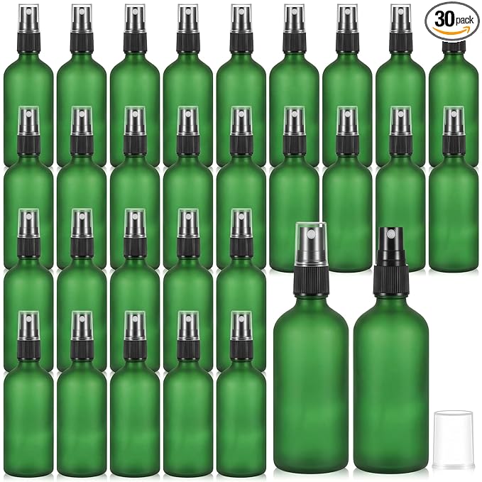 Roshtia 30 Pcs Glass Spray Bottle Clear Empty Bottles Small Refillable Reusable Perfume Bottle with Fine Mist Sprayer Pump for Face Body Travel(3.4 oz,Green)