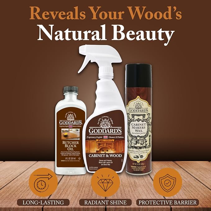 Goddard's Cabinet & Wood Wax Spray, Wood Cleaner & Furniture Polish, Wood Conditioner with Beeswax and Lemon Oil, Shine & Stain Protection, 23 oz - 2 Pack