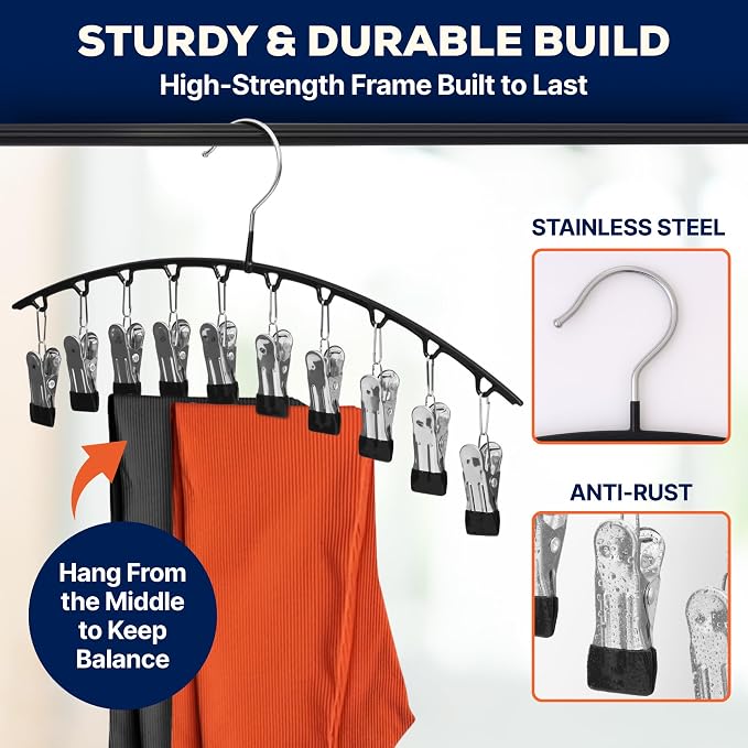 2-Pack Legging Hangers, Space-Saving Closet Organizer with 20 Stainless Steel Clips Total, Holds 20 Leggings, Yoga Pants, Skirts and Scarf | Anti-Slip Multi Clip Hangers