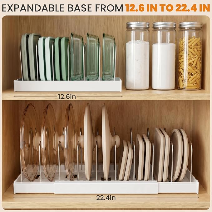 2 Pack Expandable Pot Lid Organizers with 10 Adjustable Dividers | 12.6-22.4 Inch Pots and Pans Organizer Rack Under Cabinet, Countertop, Pan Lids, Bakeware, Food Container Lids, White