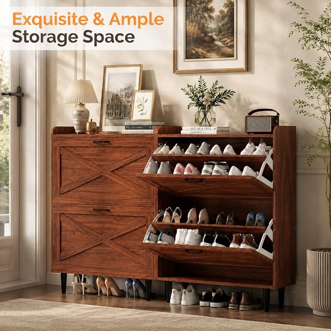 VINGLI Shoe Storage Cabinet for Entryway with 2 Flip Drawers, Ultra Slim Freestanding Entryway Shoe Organizer with Wood Tapered Legs,Hidden Closed Shoe Rack,31.6" W * 9.4" D * 39.4" H, Walnut