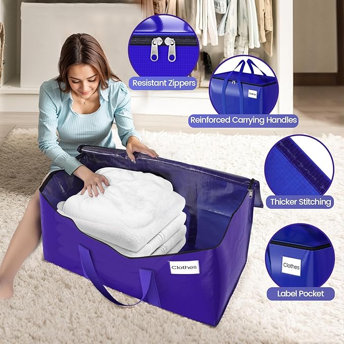 FabSpace Moving Storage Bags, Moving Supplies Packing Boxes for Moving, Camping, College Dorm Room Essentials for Girls, Blue Tote Bags, Heavy-Duty Storage Bins With Lids And Zippers, 76L 2 Pack