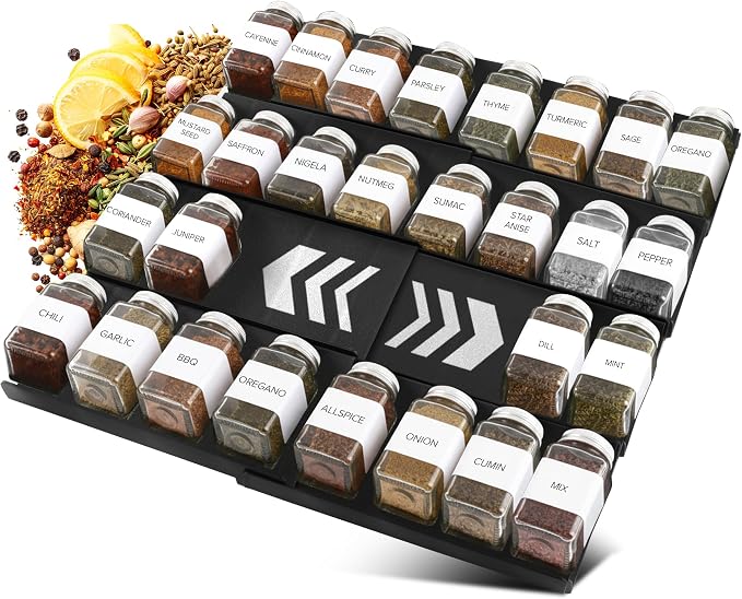 ALCOVA Expandable Spice Drawer Organizer 9-18" Black (Jars Not Included) | Expandable Spice Drawer Organizer, Spice Rack, Seasoning Organizer