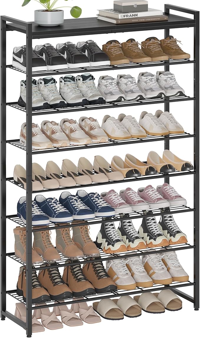 8 Tier Shoe Rack Organizer for 32-40 Pairs, Tall Metal Shoe Storage Shelf with Wood Top, Adjustable Boot Space, Narrow Design for Entryway Closet, Black