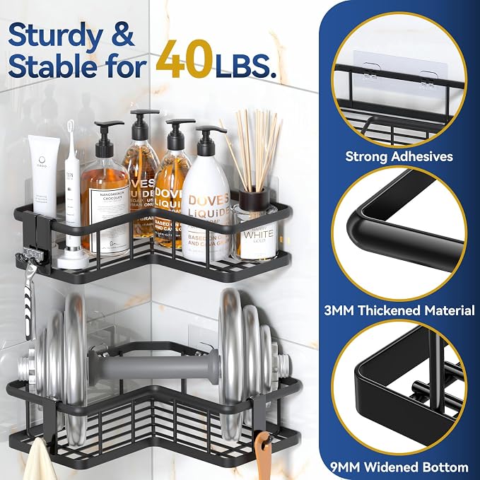 YASONIC Corner Shower Caddy Adhesive, 100% Rustproof Shower Organizer with Soap and Troothbrush Holder, No Drill Shower Shelf for Inside Shower, Wall-Mounted Shower Storage for Homes (5 Pack, Black)