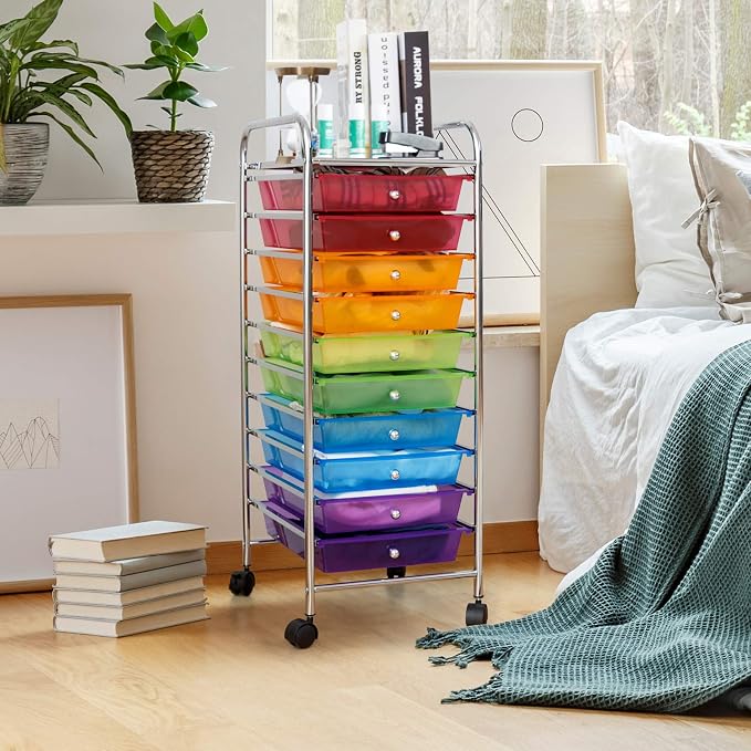 Happygrill 10-Drawer Storage Cart, Utility Cart with Removable Drawers & Metal Frame, Rolling Storage Cart with Lockable Wheels for Home, Office, Rainbow
