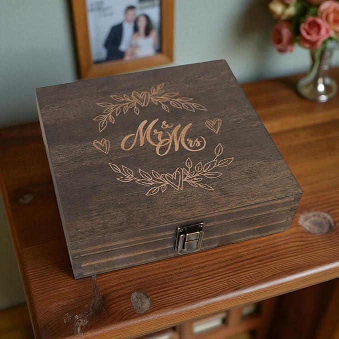 Mr and Mrs Wedding Memory Box- Wooden Keepsake Box with Lid for Couples, Rustic Storage Box for Cards, Photos & Mementos, Wedding Anniversary & Engagement Gift- 8.5 x 8 x 2.4 Inches