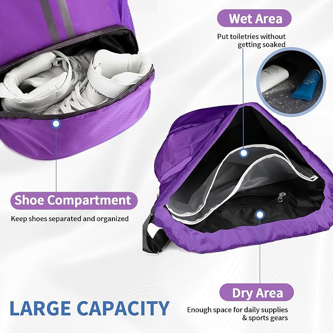 JELUTAR Drawstring Backpack Gym Bag with Shoes Compartment for Soccer, Basketball, Swim, Water-Resistant String Backpack Beach Cinch for Women Men, Purple