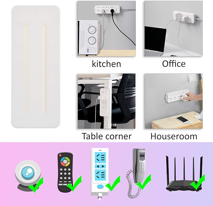 Self Adhesive Power Strip Holder 4 Pack - No Drill Extension Block Wall Mount Fixator - Easy to Install Sliding Design - for Home, Kitchen, Office - Attaches to Wood, Plastic, Metal, Ceramic