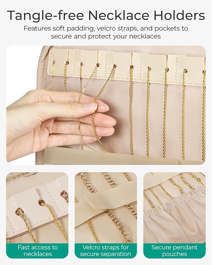 BAGSMART Travel Jewelry Case, Hanging Jewelry Organizer with Zipper Pockets, Large Capacity Puffy Jewelry Roll for Earrings, Necklaces, Rings on Closet, Wall, Door, Portable Travel Essentials, Pink