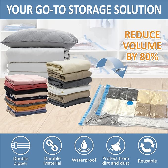 Cozy Essential Vacuum Storage Bags, 80% Compression Vacuum Seal Space Saver Plastic Packaging Bags for Clothes, Blankets, Pillow, Bedding, Comforters, Sealer Clothing Storage,12 Combo