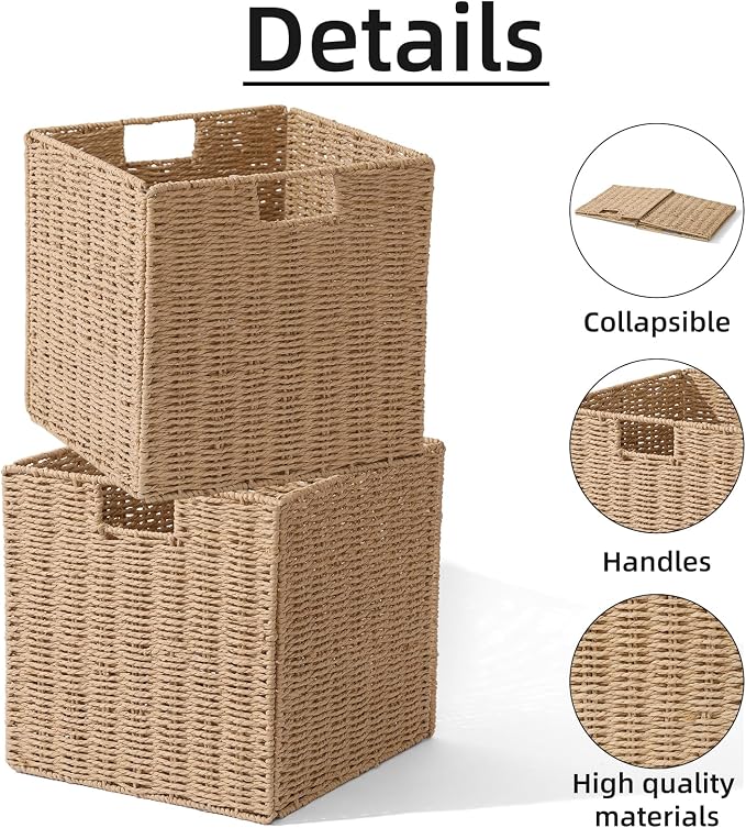 Set of 2 Hand-Woven Paper Rope Wicker Baskets, Storage Basket, Foldable Cube Storage Bins, Natural Color Storage Cubes, Square Baskets for Organizing Shelves Decor, 12x12x12in