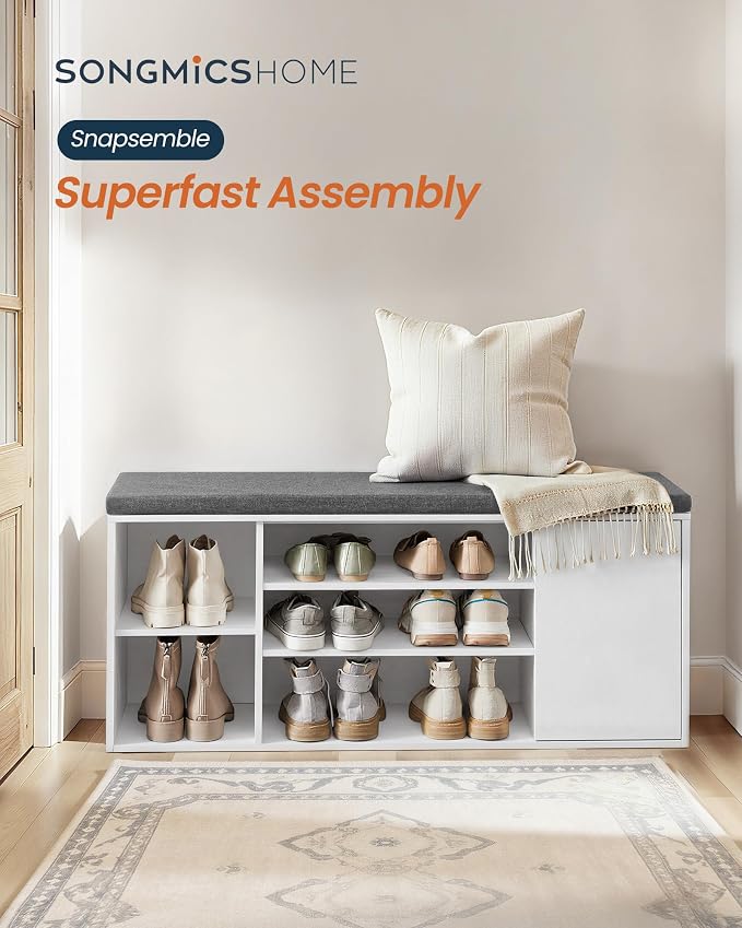 SONGMICS HOME Storage Bench, Snapsemble Superfast Assembly, 41" Wide Entryway Shoe Cubby Bench with Cushion & Adjustable Shelves, Window Shoe Rack Cabinet, Snow White and Slate Gray ULHS391WE02S