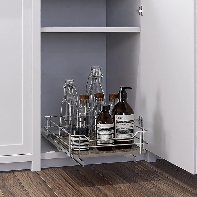 Home Zone Living Pull Out Kitchen Cabinet Organizer with Slide Out Drawer for Space Saving Storage, 14”W x 21”L, Satin Nickel Light Brown Wood Finish