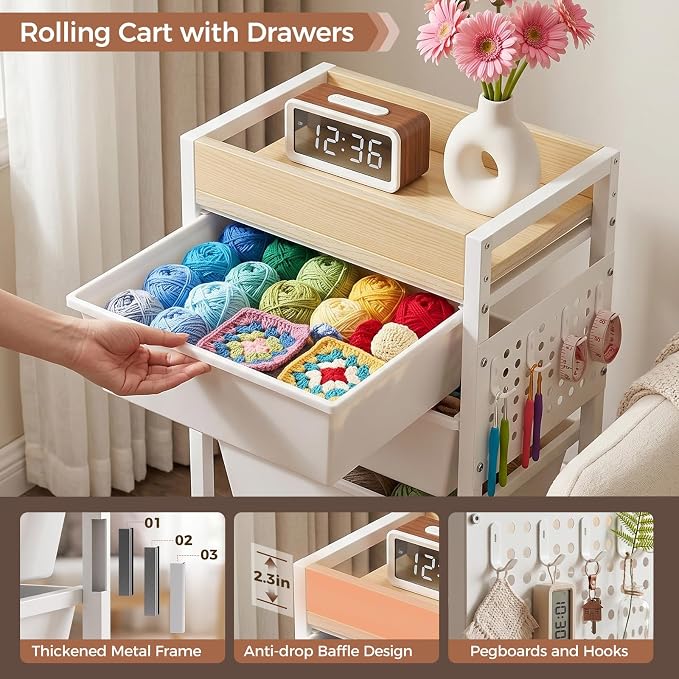 6 Tier Rolling Cart with Drawers, Plastic Drawer Storage Craft Cart with Pegboards & Hooks, Metal Utility Cart with Wheels & Wooden Tabletop, Classroom Office Art Supply Organizers and Storage, White