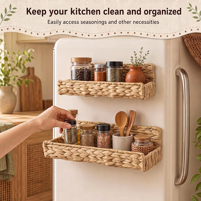 Lineshading 4 Pack Water Hyacinth Magnetic Spice Rack for Refrigerator, Magnetic Shelf for Fridge, Spice Rack, Woven Water Hyacinth, Rustic Boho Kitchen Organizer