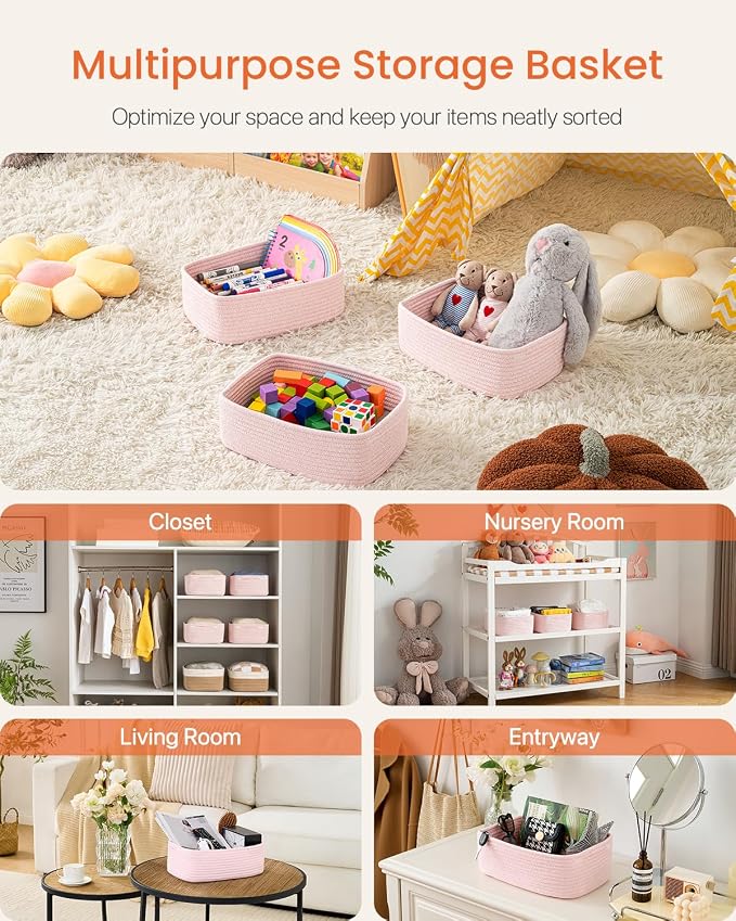 Small Woven Basket, 13.5 x 9.5 x 5 Inches, Storage Basket for Organizing, Cute Small Rope Shelf Closet Cube Storage Bins Baskets for Shelves, Dog Toy Gift Baskets Empty, 3 Pack Light Pink