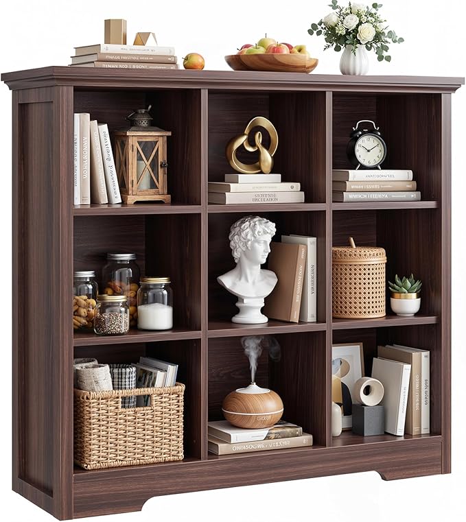 Aheaplus Wooden 9-Cube Storage Organizer with Charging Ports, Modern Cube Bookcase with Base, 4-Tier Floor Standing Open Cubbies Bookshelf, Cubicle Display Shelf for Home and Office, Black Walnut