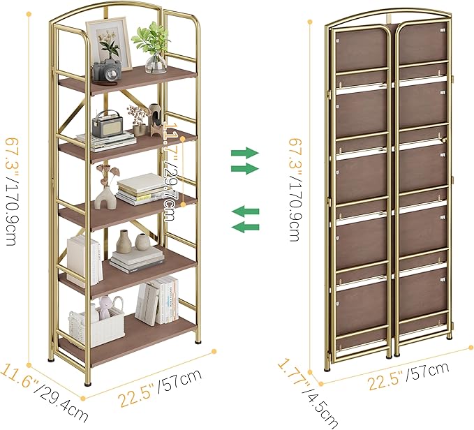 No Assembly,Gold Folding Bookshelf 5 Tiers, Vintage Storage Rack,Brown&Gold | Bookcase Vintage Multifunctional Plant Flower Stand, Storage Shelves Organizer for Home Office,Living Room,Dorm