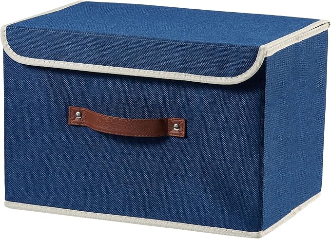 Storage Boxes with Lid Cotton Linen Fabric Storage Bins Organizer Container Decorative Collapsible Washable Shelf Baskets Faux Leather Handles for Home Bedroom Closet (Deep Blue, Large)