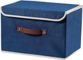 Storage Boxes with Lid Cotton Linen Fabric Storage Bins Organizer Container Decorative Collapsible Washable Shelf Baskets Faux Leather Handles for Home Bedroom Closet (Deep Blue, Large)
