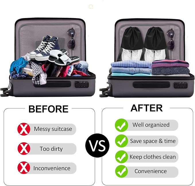 YAMIU 12PCS Shoe Bags for Travel - Large Dustproof Drawstring Shoes Pouch Packing Organizers for Men & Women, Black