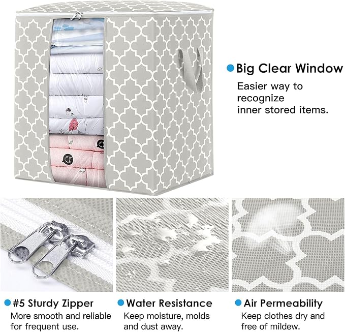 WISELIFE Storage Bags 8 Pack/100L Large Blanket Clothes Organization and Storage Containers for Comforters,Bedding, Foldable Organizer with Reinforced Handle, Clear Window, Sturdy Zippers,Lvory
