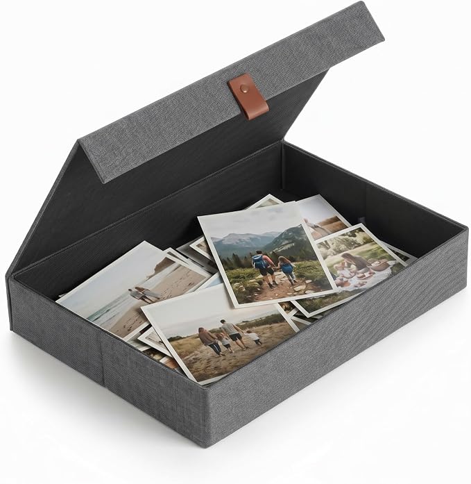 ZICOTO Decorative Photo Storage Box with Lid - A Beautiful Linen Organizer Perfect to Safely Store Your Pictures, Documents, Scrapbooking Supplies, Keepsakes and Other Memories in Style