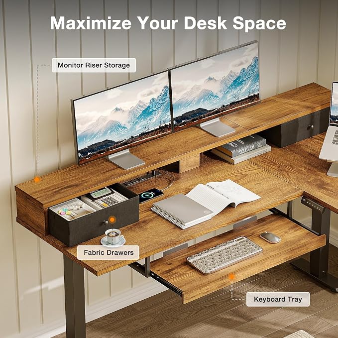 Casaottima 59" L Shaped Electric Standing Desk with Drawers, Rustic Brown | Monitor Stand, Keyboard Tray, Fabric Drawer, Power Outlets, Height Adjustable Corner Stand Up Desk for Organized Home Office