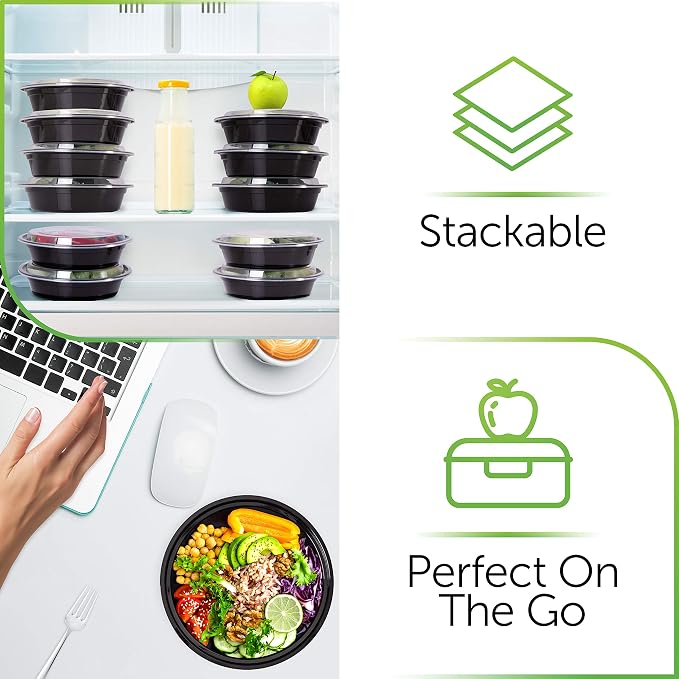 PrepNaturals Reusable Plastic Containers with Lids, 60 Pack, Black, Meal Prep Bowls, Lunch Containers, BPA, PVC and Phthalate Free, Microwave and Freezer Safe | Reusable BPA-Free Meal Prep Containers - Leak-Proof Lids, Microwave & Freezer Safe for Port...