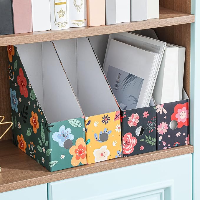 PerKoop 6 Pcs Decorative Magazine File Holders Floral Foldable File Folders Magazine Storage Boxes Rack Desk Organizer Documents with Printable Labels for School Office Home (Floral Design)