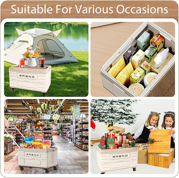 Folding Utility Cart Portable Rolling Crate Handcart Shopping Trolley Collapsible Tool Box with Wooden Lid, Basket on 4 Rotate Wheels, for Grocery, Office, Luggage, Teacher, Travel (White)