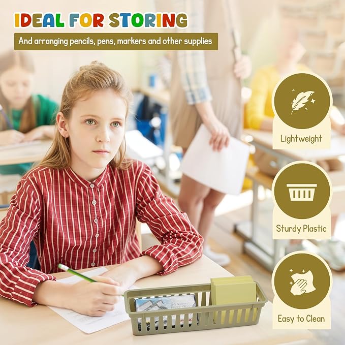 4E's Novelty 12 Pack Pencil Holder for Kids Desk, Boho Plastic Pen Baskets Tray for Organizing Classroom, Caddy Bins for Students Desk Elementary Teacher Classroom Organization and Storage Supplies