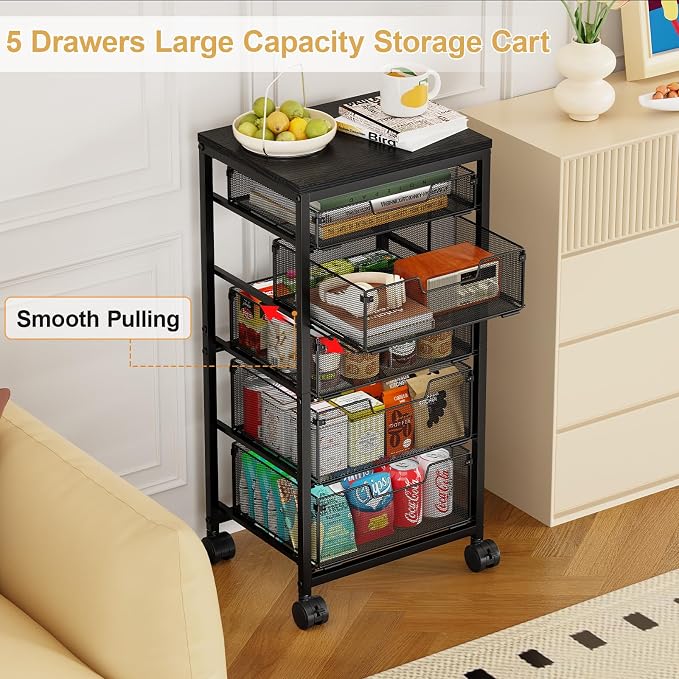 Sbanmao 5 Drawers Rolling Utility Cart, Rolling Storage Cart with Wooden Tabletop and Lockable Wheels, Storage Drawer Cart with Drawers, Craft Cart for Bedroom, Classroom, Home, Office,Black
