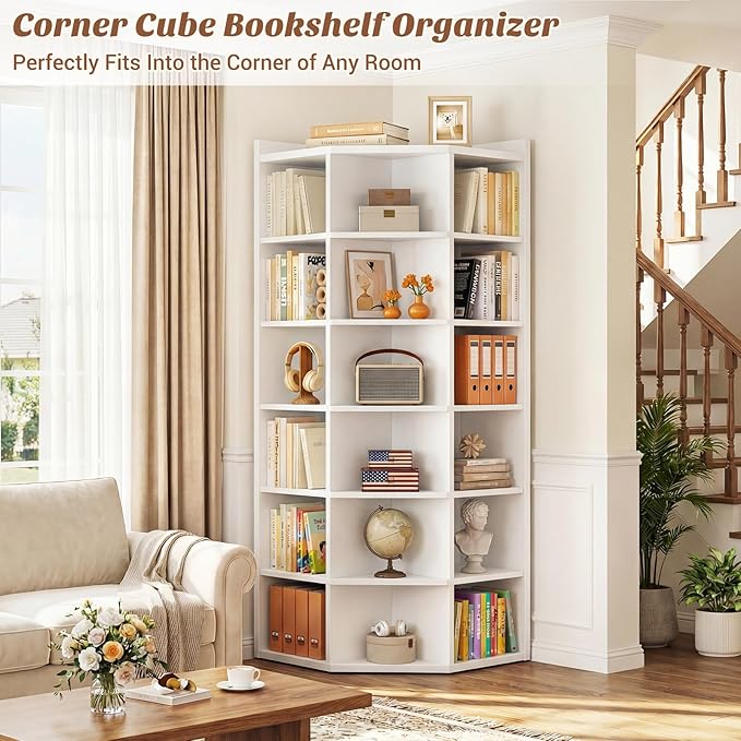 Aheaplus Corner Cube Book Shelf, 7-Tier Corner Storage Cabinet with Top Table, Corner Cube Storage Shelf for Small Space, Wooden L Shaped Cubby Bookcase for Home Office, Bedroom, Living Room, White