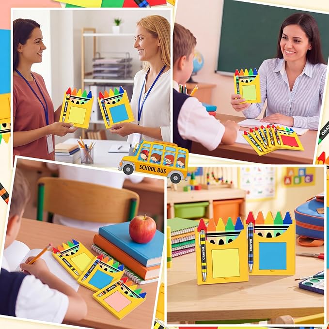 Kosiz 10 Set Back to School Teacher Appreciation Gift Bulk Crayons Wooden Sticky Note Holder with Note and Ballpoint Pen Crayons Party Favor for Back to School Classroom Teacher Gift