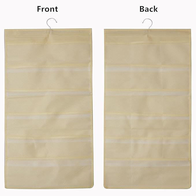 Hanging Mesh Pockets Dual-Sided Closet Organizer for Underwear,Bra,Socks,Accessories with Hanger,Total 24 Pockets Beige